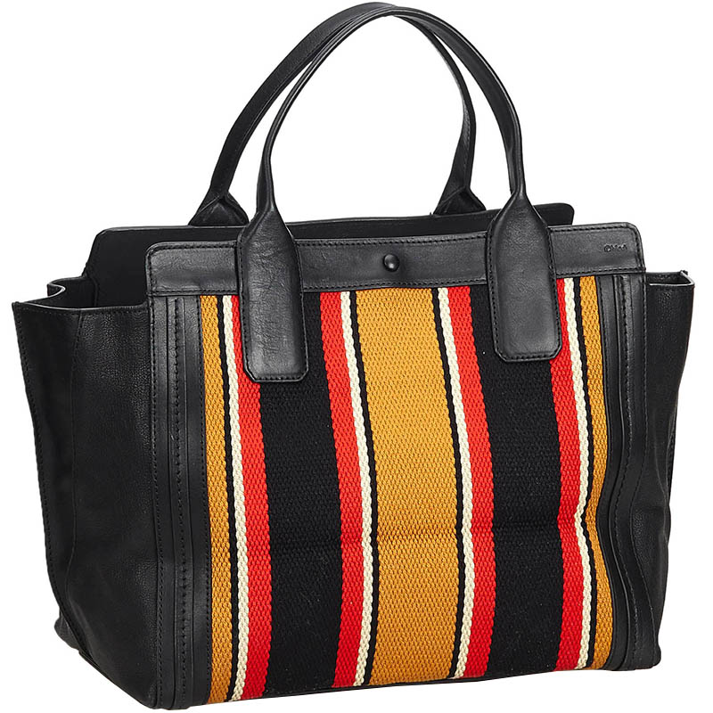 

Chloe Black/Orange Leather and Multicolor Striped Canvas Alison Tote Bag