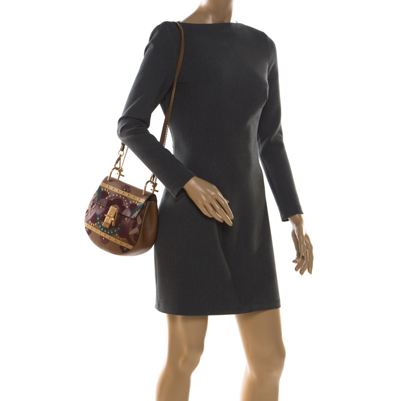 

Chloe Drew Caramel/Floral Leather Small Studded Patchwork Shoulder Bag, Brown