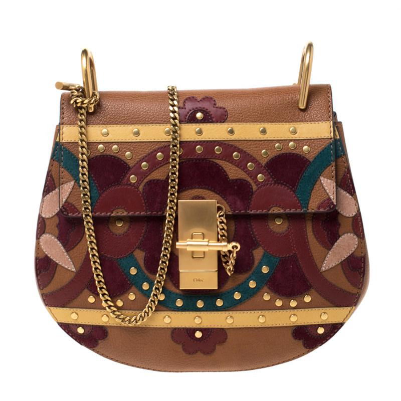 Chloe Drew Caramel/Floral Leather Small Studded Patchwork Shoulder Bag