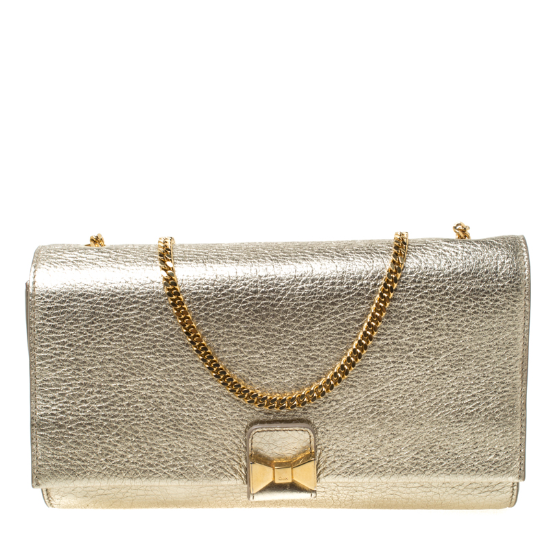 Chloe Gold Leather Bow Detail Chain Shoulder Bag