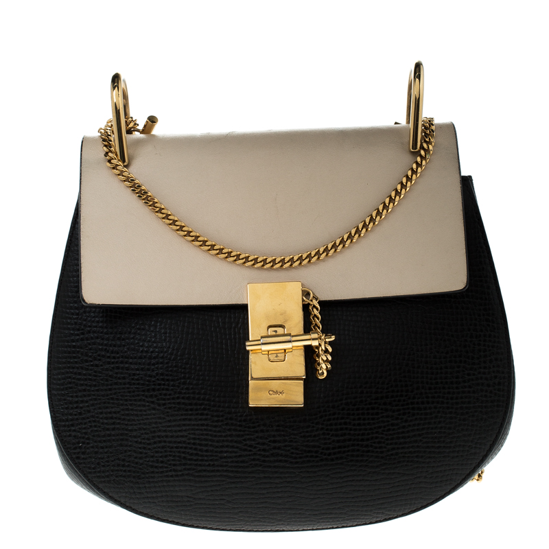 Pre Owned Chloe Black/Off White Leather Medium Drew Shoulder Bag