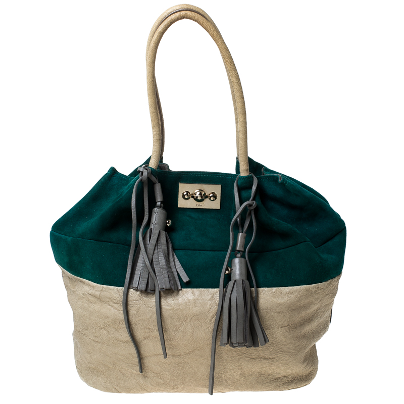 Chloe Green/Grey Suede and Leather Tassel Bucket Shoulder Bag