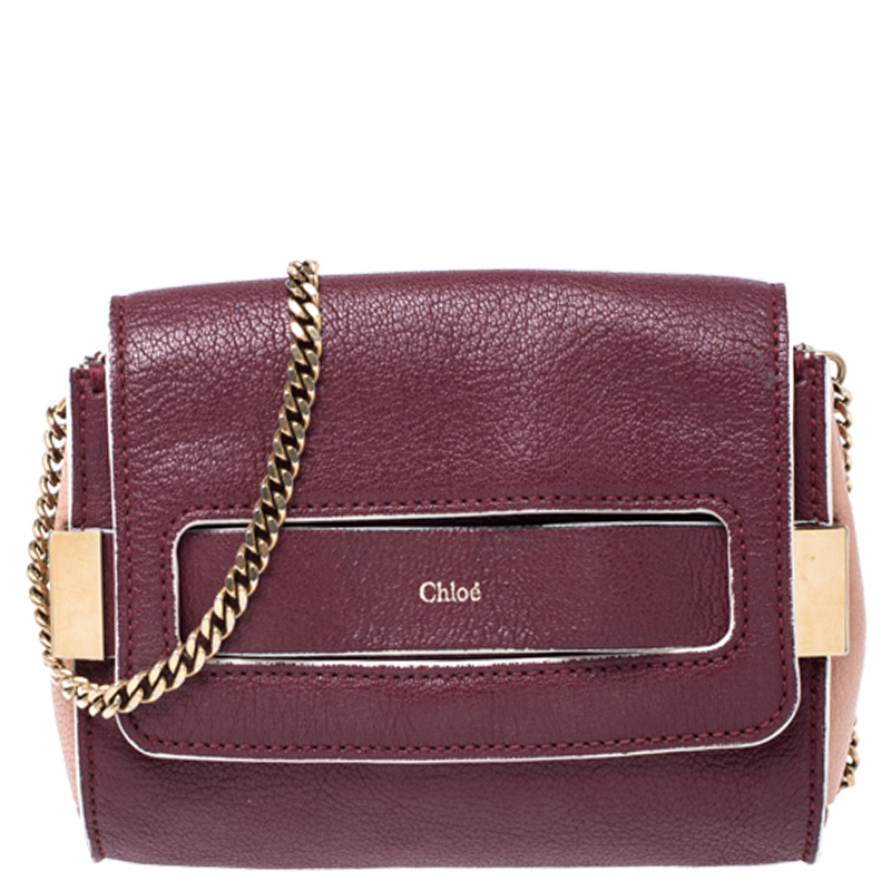 Pre Owned Chloe Burgundy/Peach Leather Elle Chain Clutch