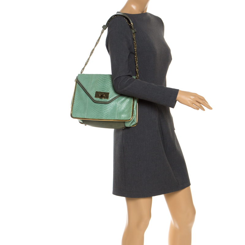 

Chloe Bicolor Python and Leather  Sally Shoulder Bag, Green