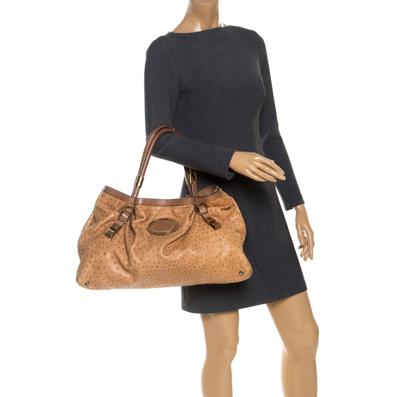 

Chloe Brown Ostrich Embossed Leather Victoria Tote