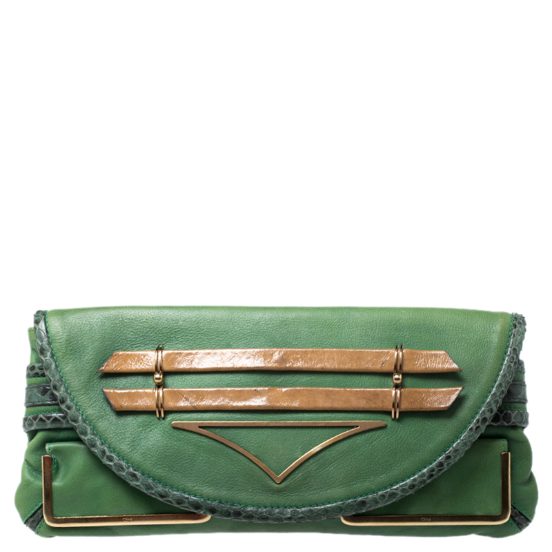 Pre Owned Chloe Green Leather and Python Limited Edition Clutch