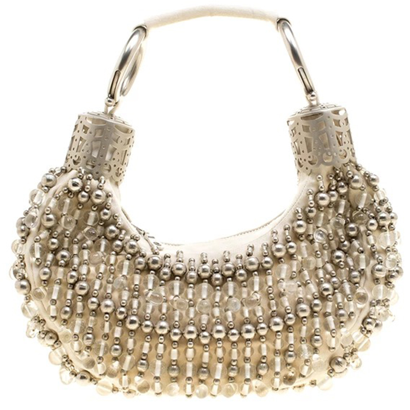Pre Owned Chloe Off White Canvas Bead Embellished Crescent Hobo Bag