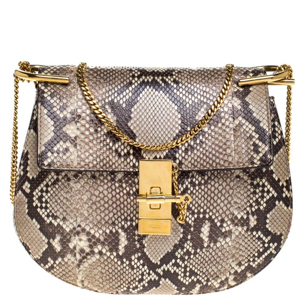 مملوكة مسبقًا Chloe Beige Python Medium Drew Shoulder Bag