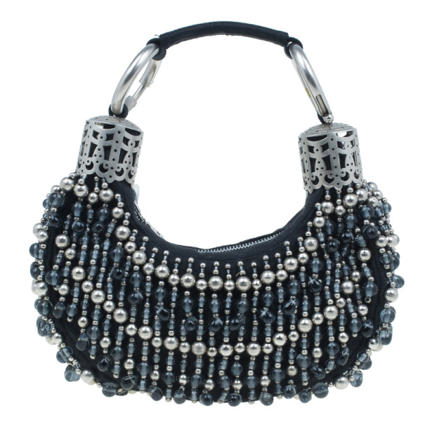 Chloe Black and Silver Beaded Fabric Crescent Hobo