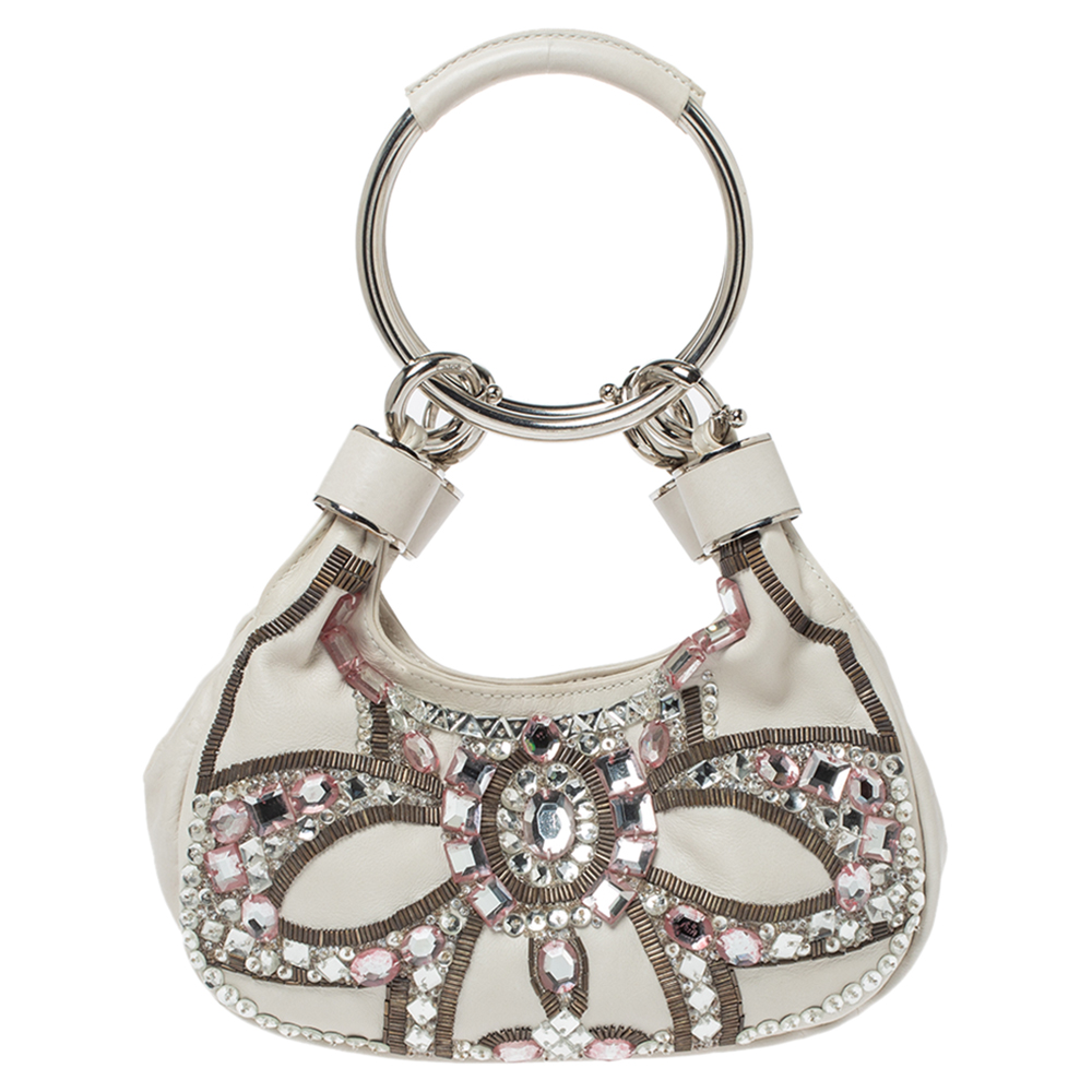 Chloe White Crystal Embellished Leather Double Ring Handle Bag Chloe TLC