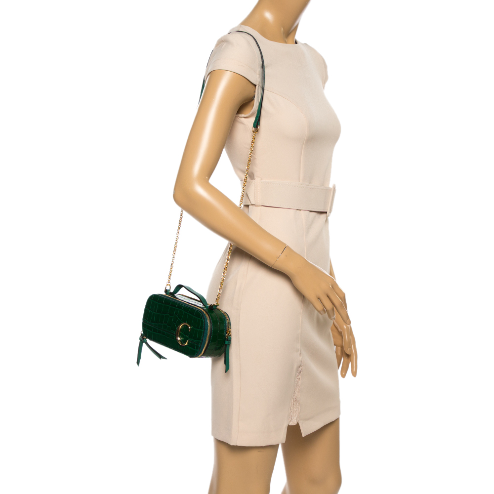 

Chloe Green Croc Embossed Leather Mini C Vanity Shoulder Bag, Tan