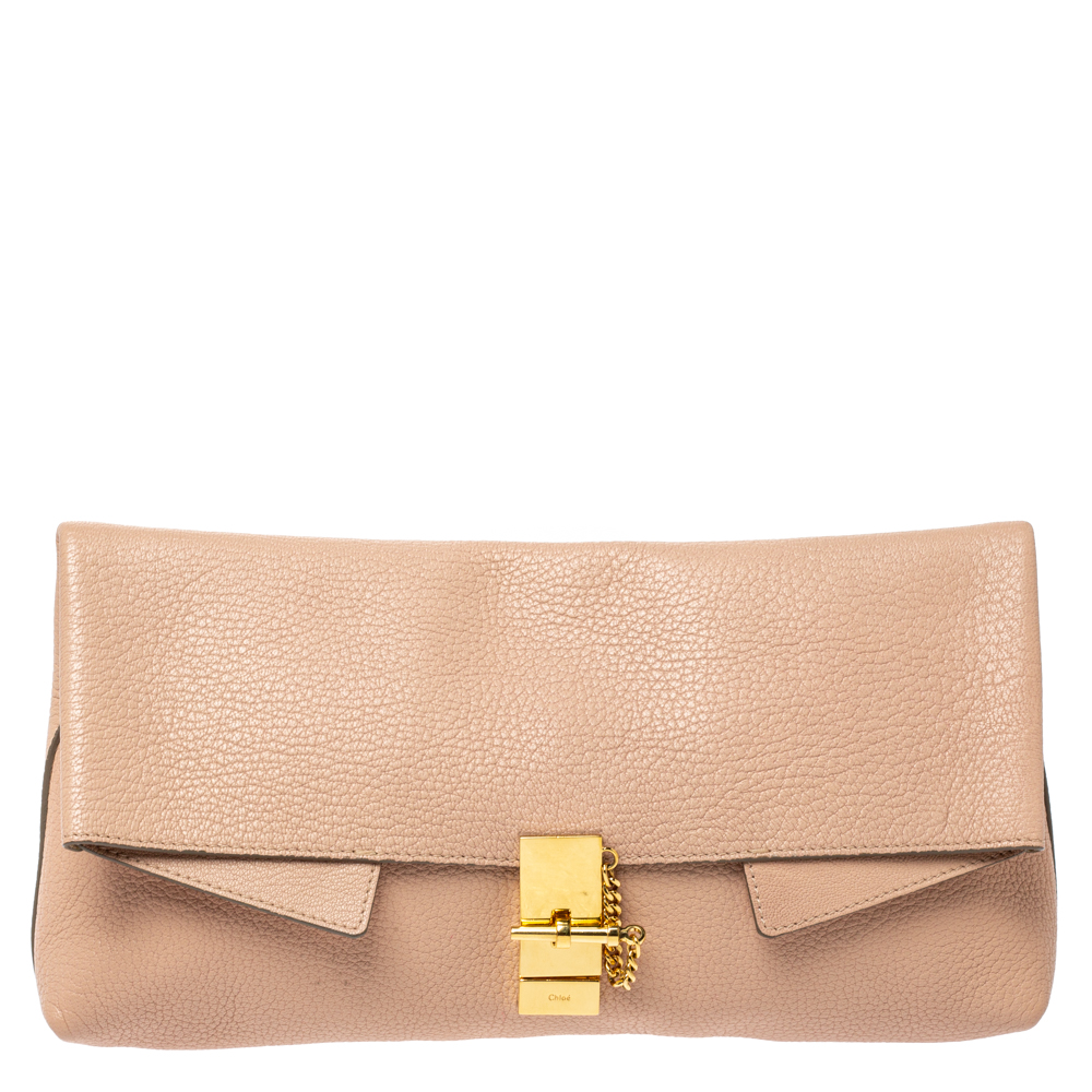 CHLOÉ POWDER PINK GRAINED LEATHER DREW FOLD OVER CLUTCH