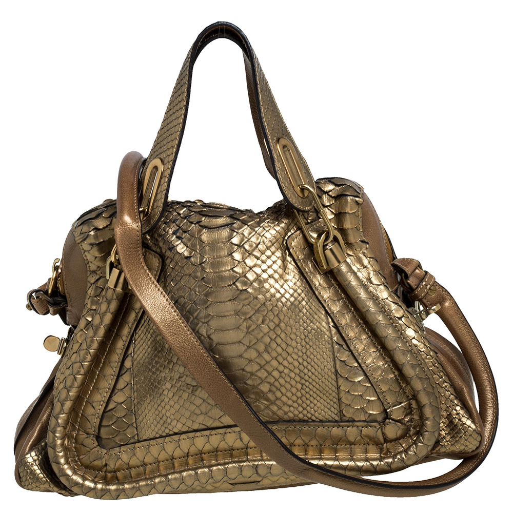 Pre-owned Chloé Gold Python And Leather Medium Paraty Shoulder Bag