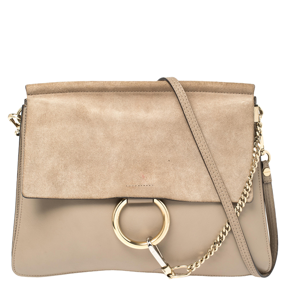 Pre-owned Chloé Taupe Leather And Suede Medium Faye Shoulder Bag In Grey