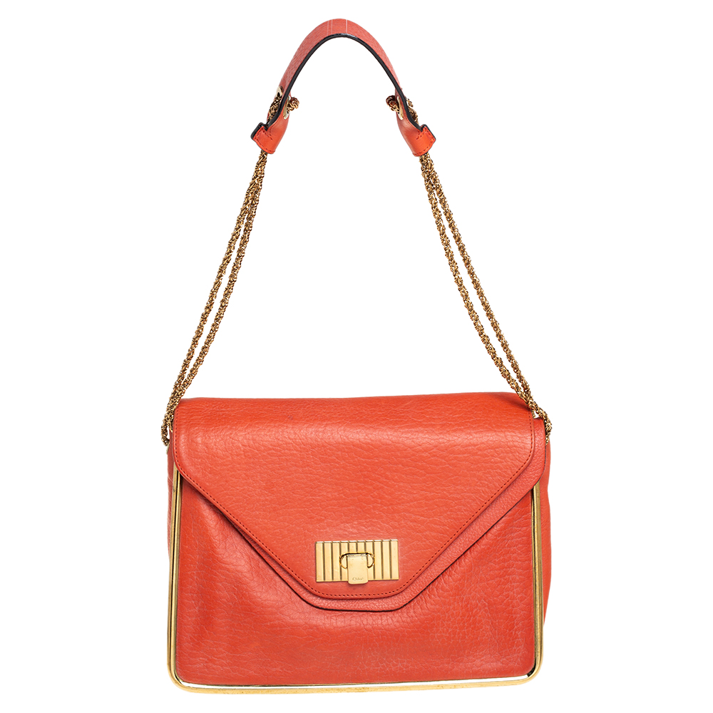 Pre-owned Chloé Orange Pebbled Leather Medium Sally Flap Shoulder Bag