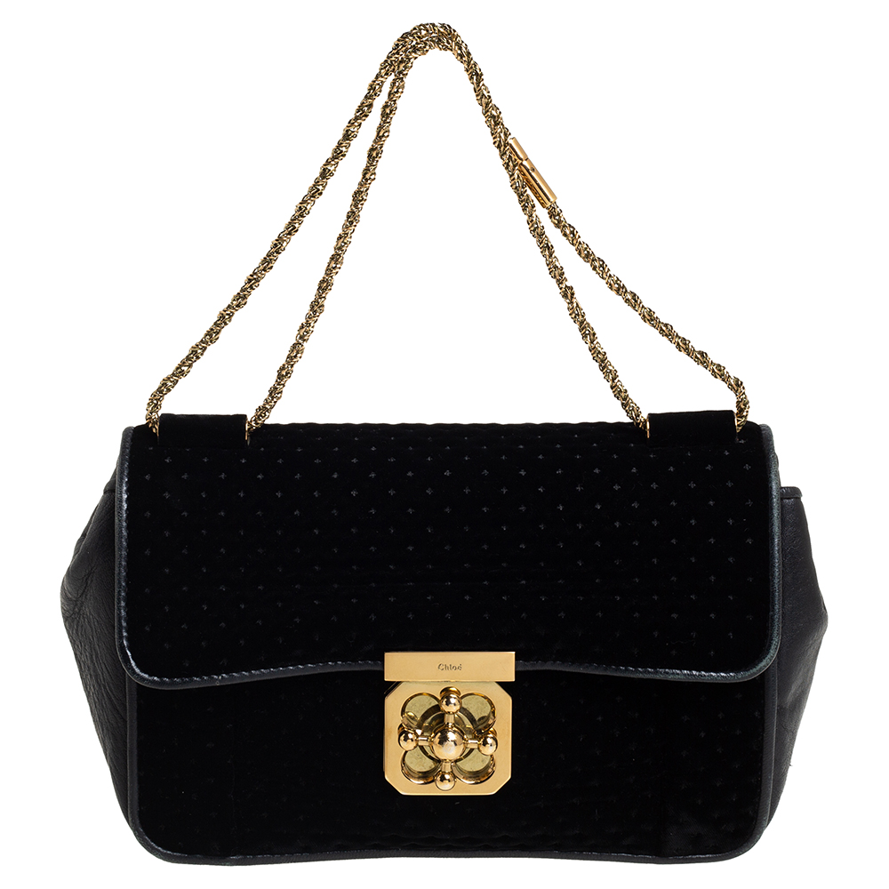 Pre-owned Chloé Chlo&eacute; Black Velvet And Leather Medium Elsie Shoulder Bag