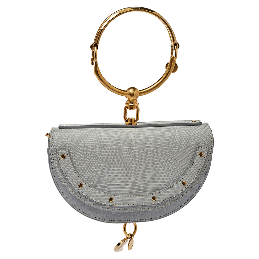 Pre-owned Chloé Chlo&eacute; Grey Lizard Embossed Leather Small Nile Bracelet Minaudiere Crossbody Bag