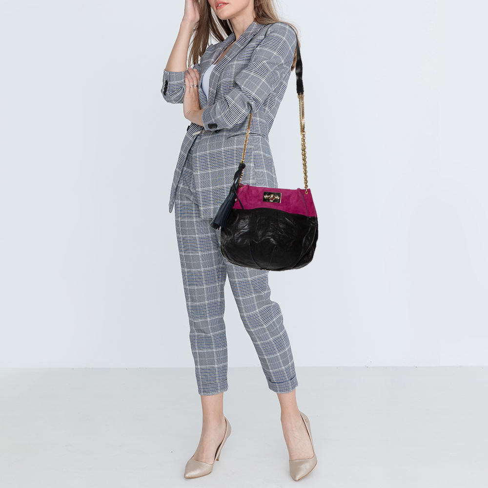 

Chloe Black/Magenta Leather and Suede Tassel Chain Hobo
