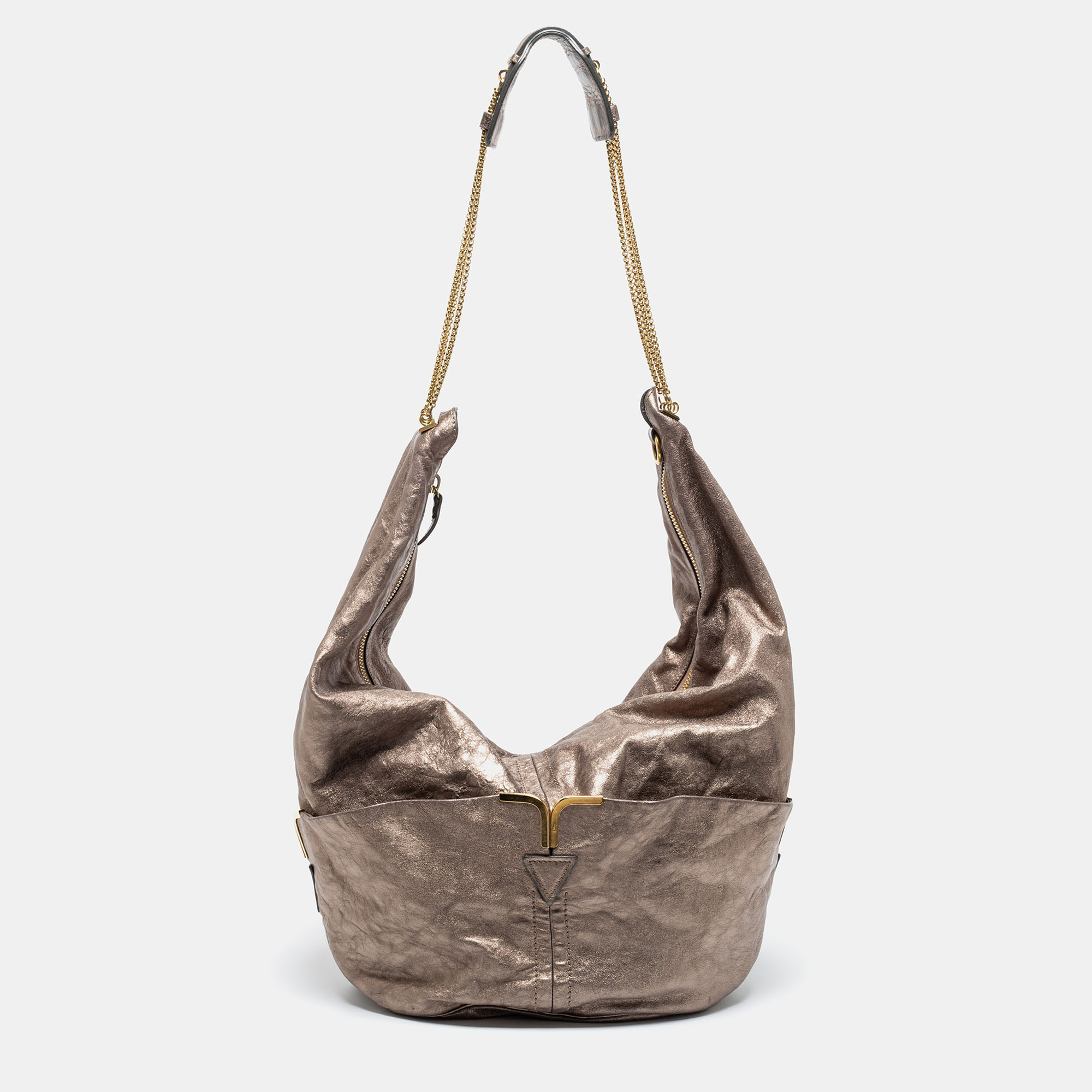 Pre Owned Chloe Metallic Grey Leather Milton Triple Chain Hobo Bag