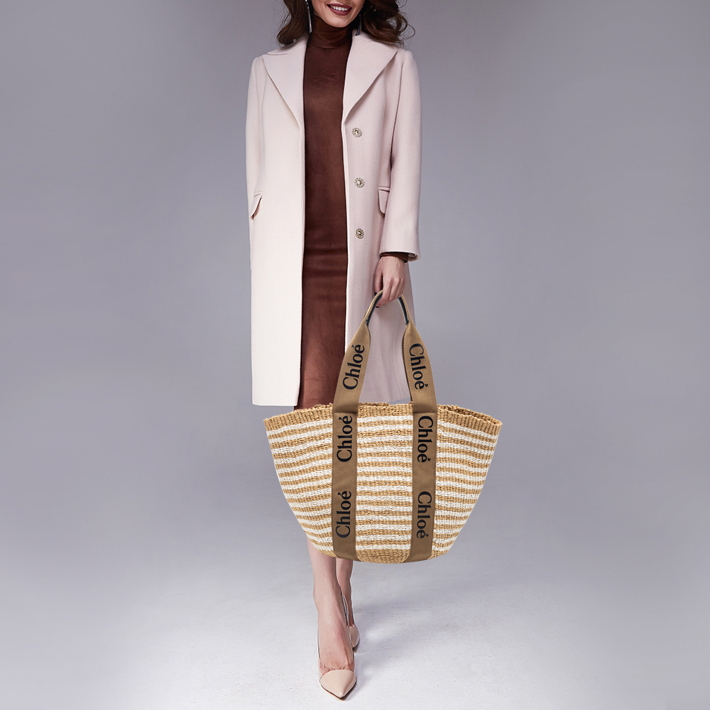 

Chloe Beige/White Raffia Large Woody Tote