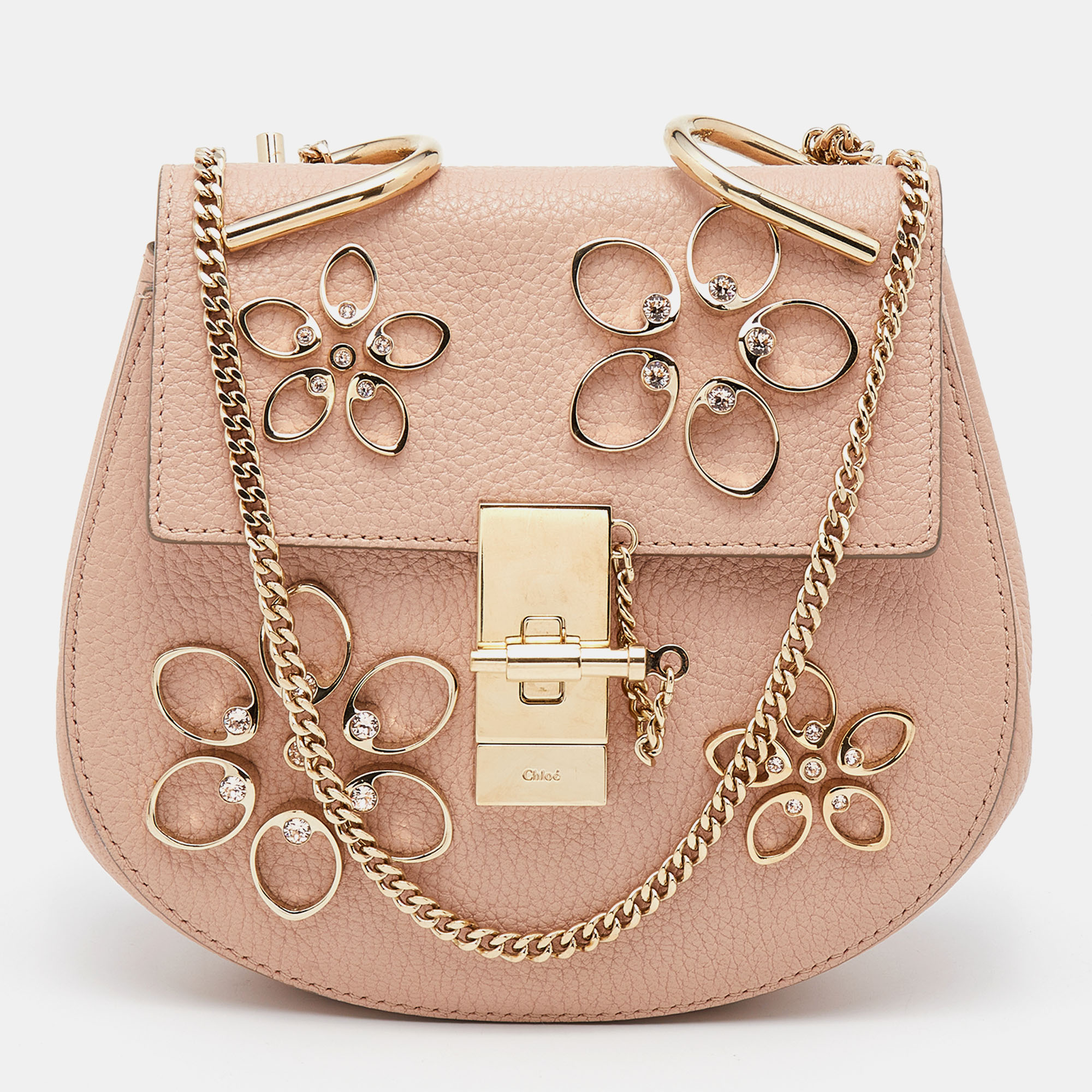 Pre-owned Chloé Pink Leather Floral Metal Embellished Mini Drew Crossbody Bag