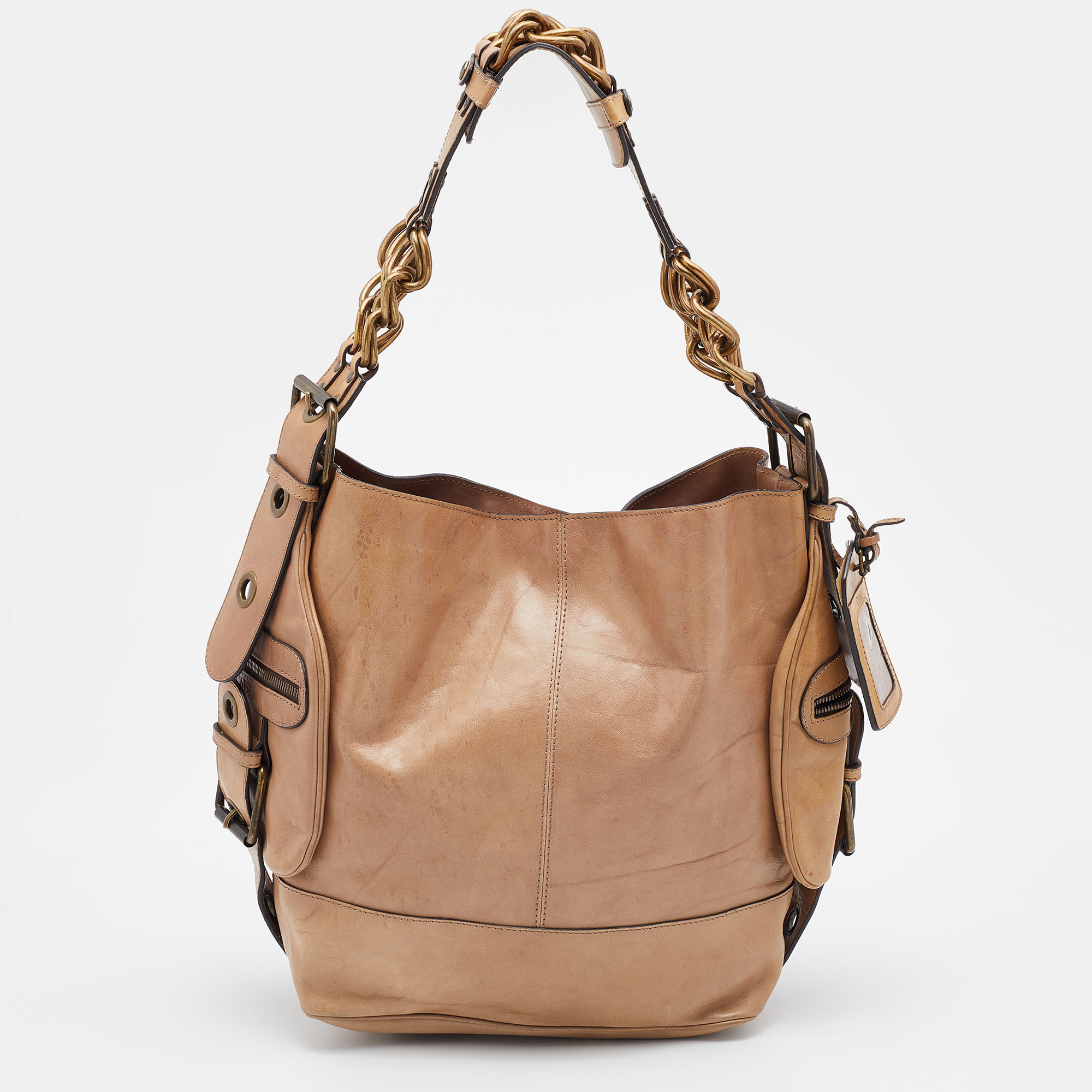 Pre-owned Chloé Beige Leather Large Chain Detail Hobo