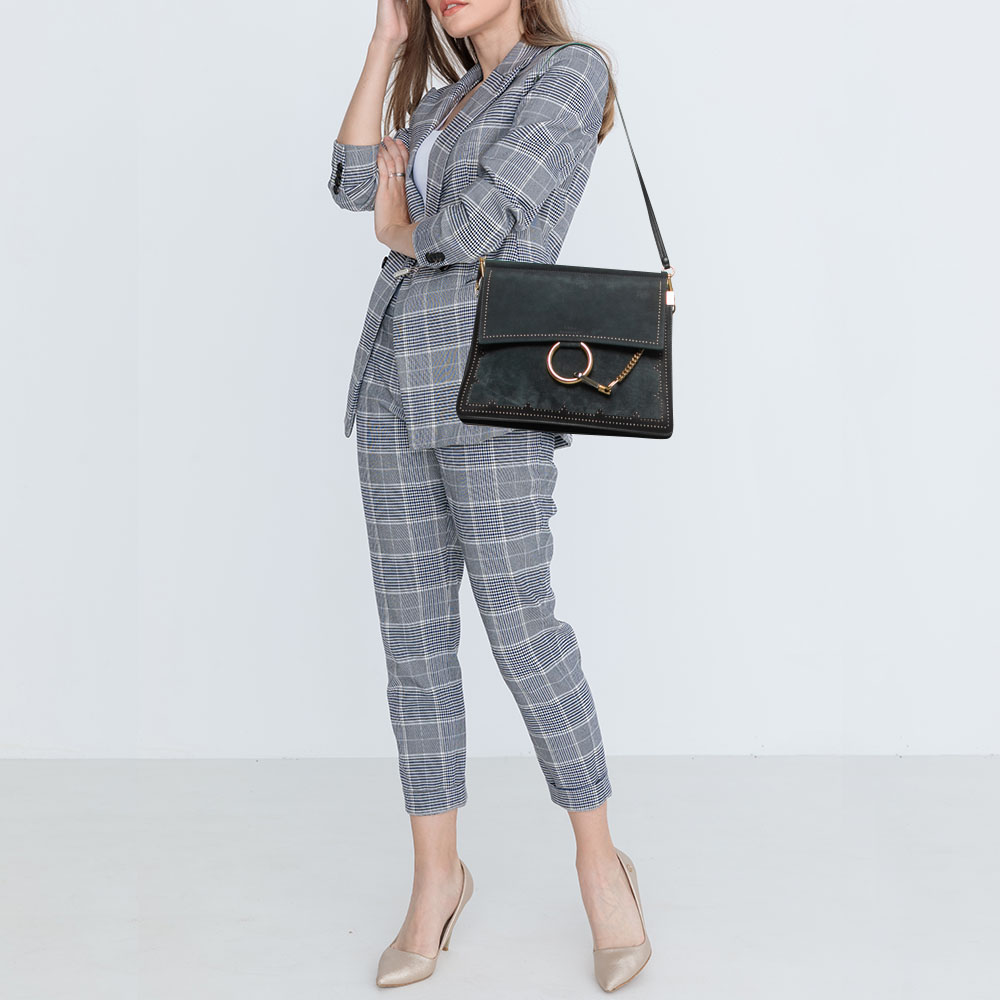 

Chloe Black/Teal Leather and Suede Medium Studded Faye Shoulder Bag