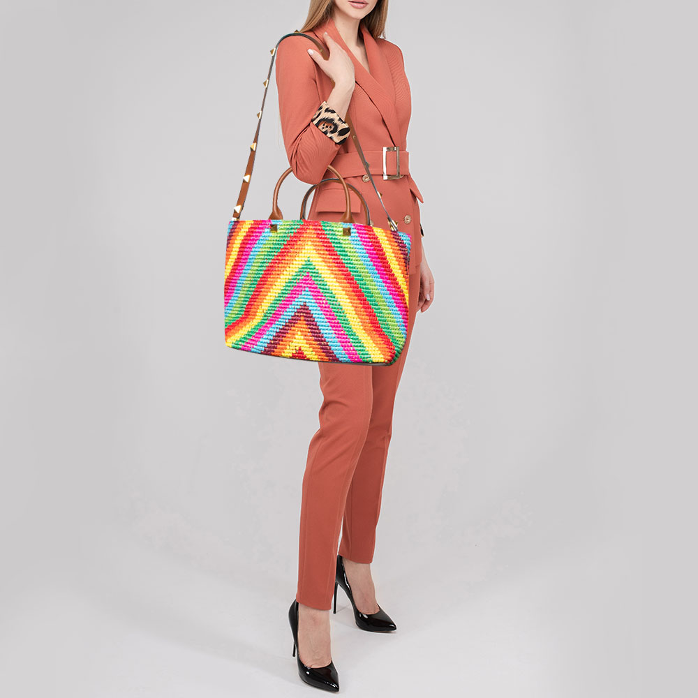 

Valentino Multicolor Raffia and Leather Rockstud Summer Tote