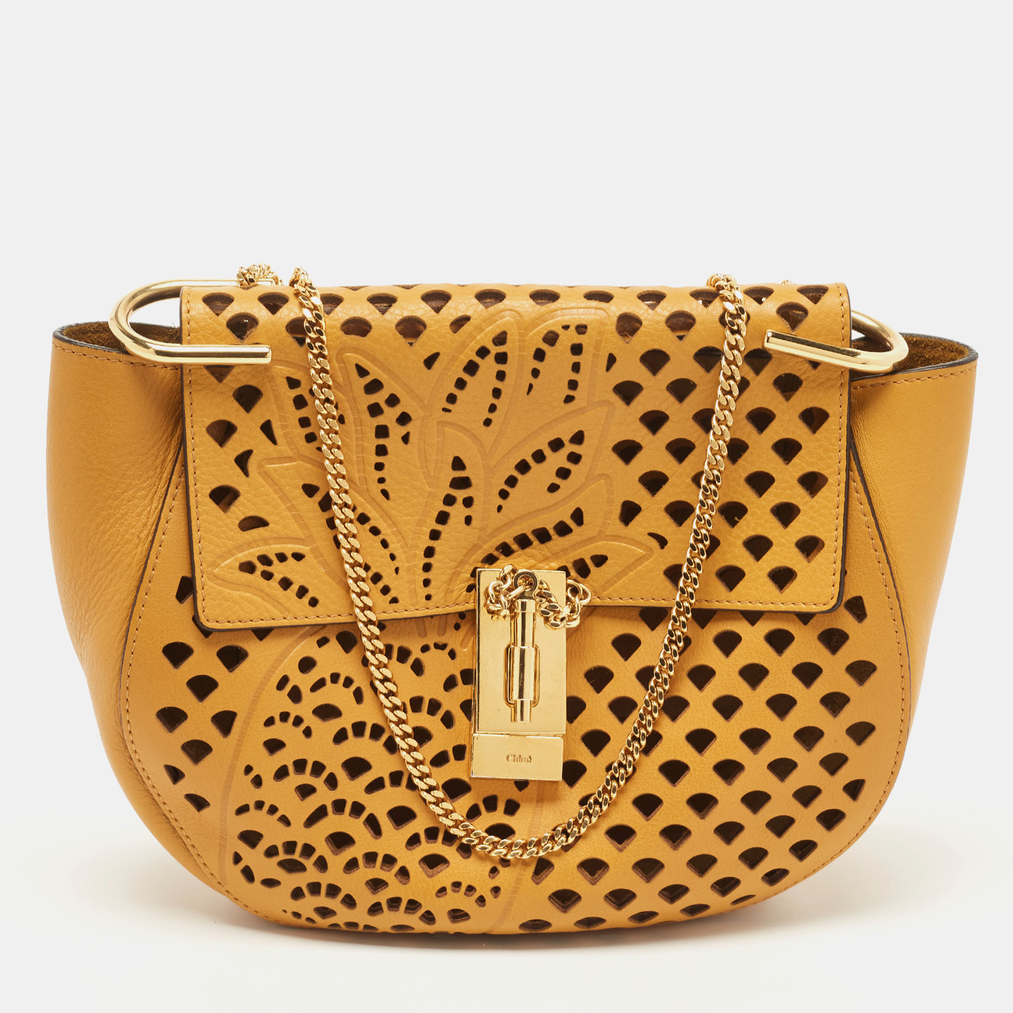 

Chloe Mustard Pineapple Perforated Leather  Drew Shoulder Bag, Yellow