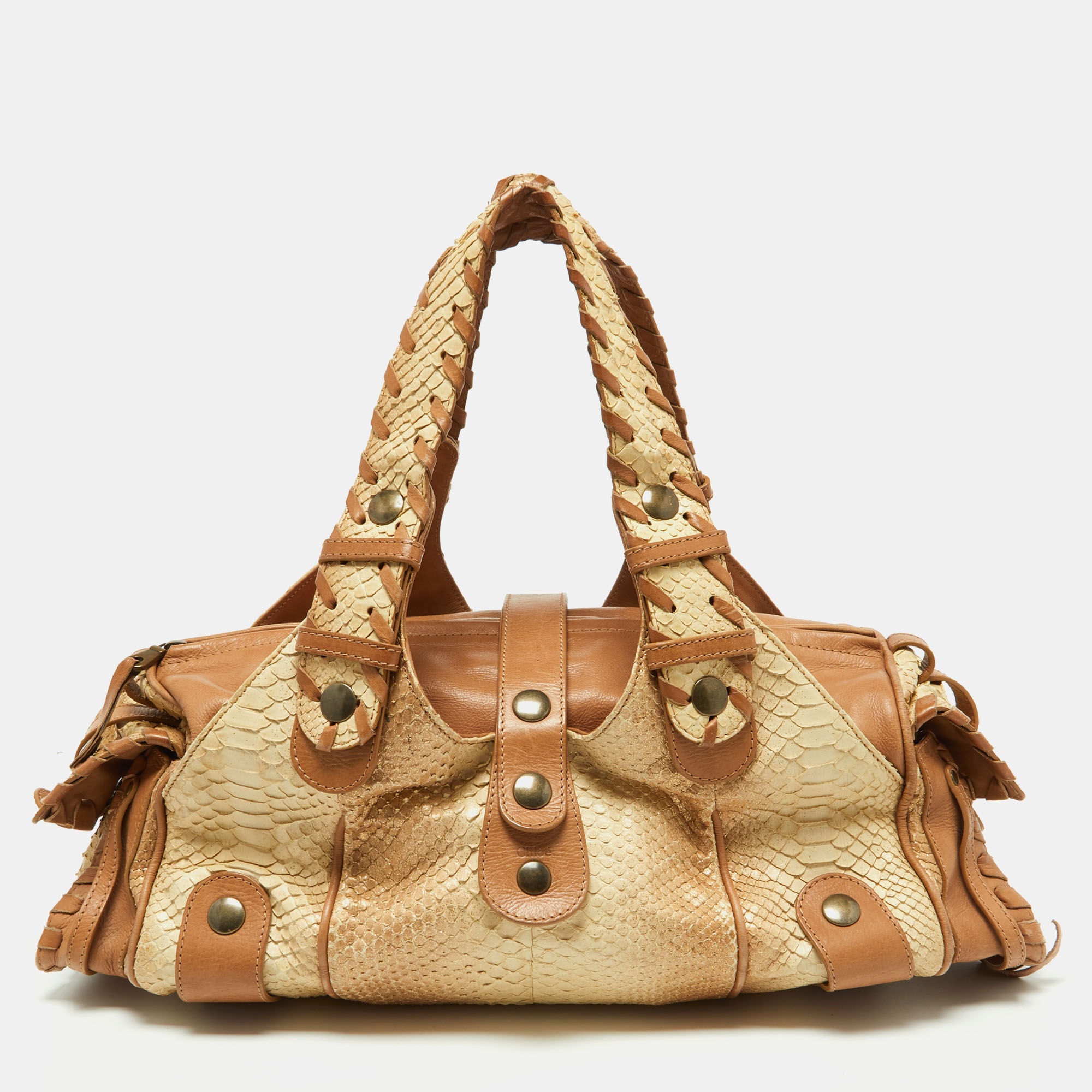 Pre-owned Chloé Beige/brown Glittery Python And Leather Silverado Satchel