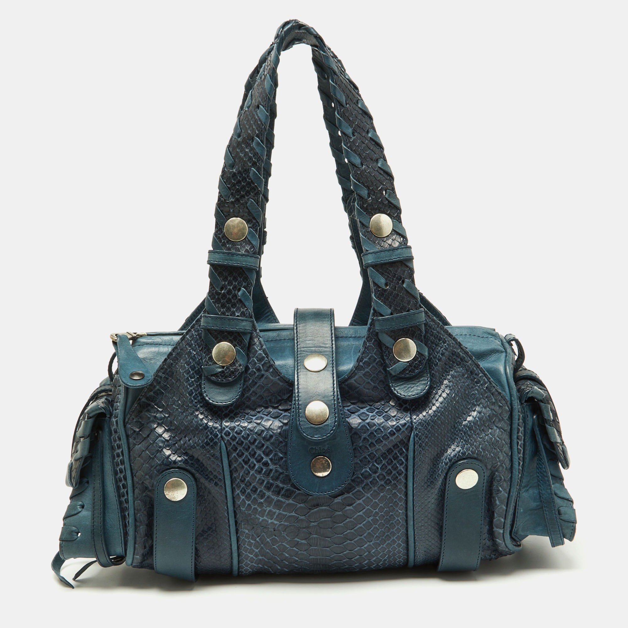 Pre-owned Chloé Two Tone Blue Python And Leather Silverado Satchel
