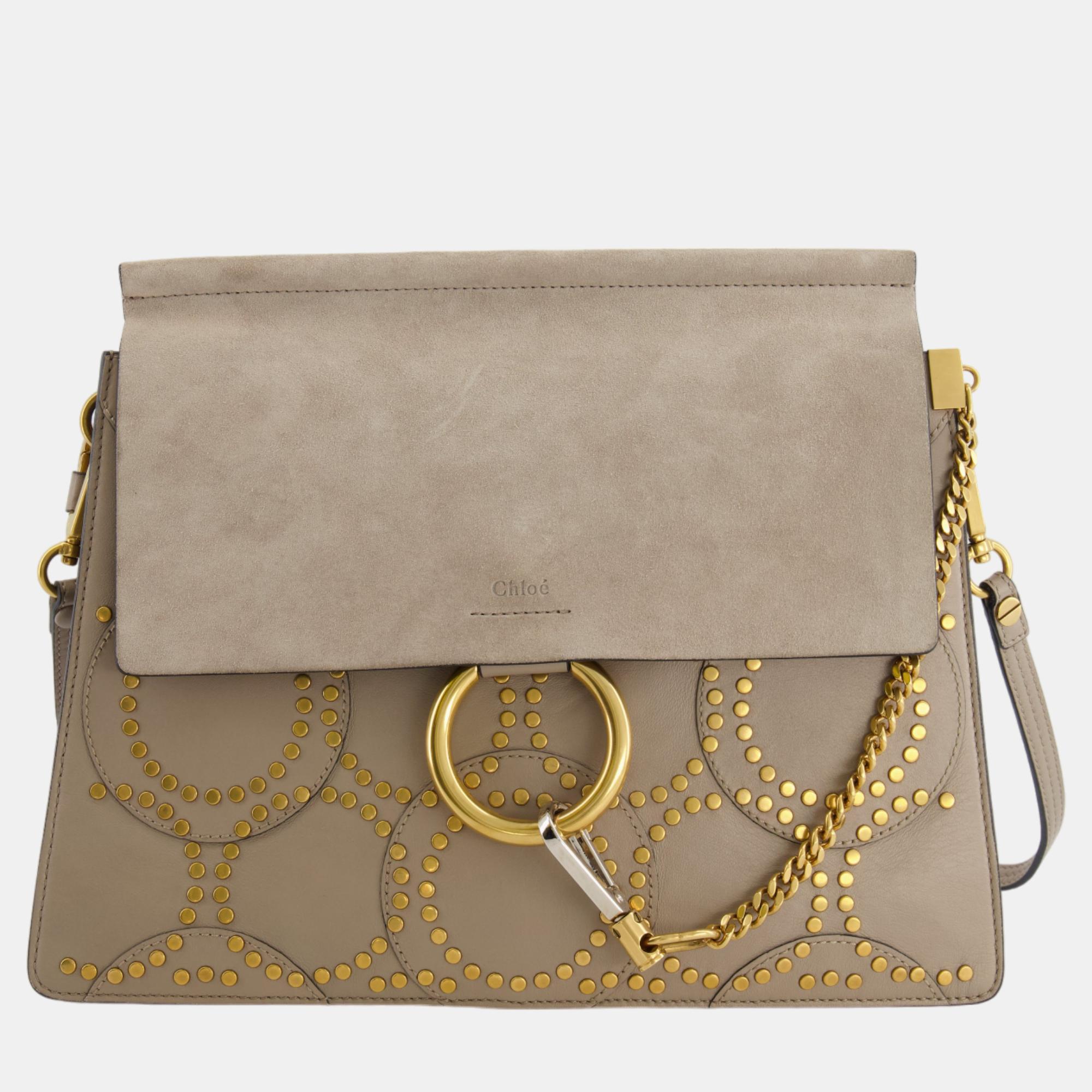 Pre-owned Chloé Beige Suede Leather Studded Faye Shoulder Bag With Gold Hardware
