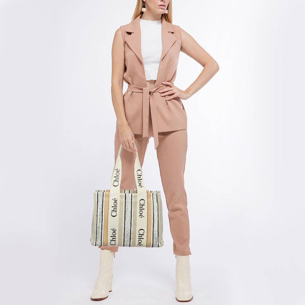 

Chloe Multicolor Linen and Leather Medium Woody Tote