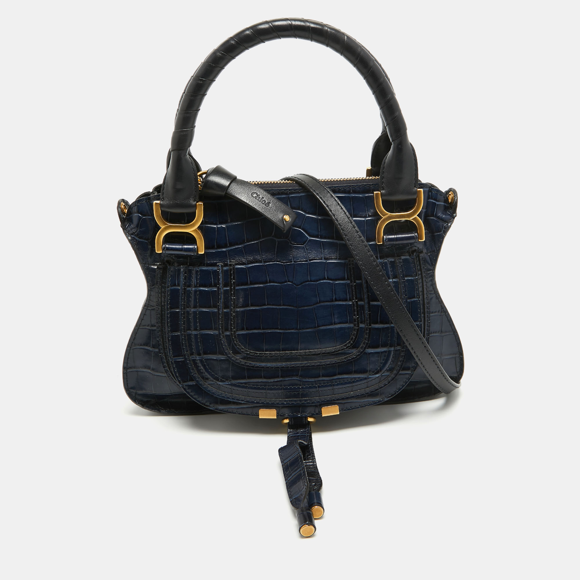Pre-owned Chloé Navy Blue Croc Embossed Leather Marcie Hobo