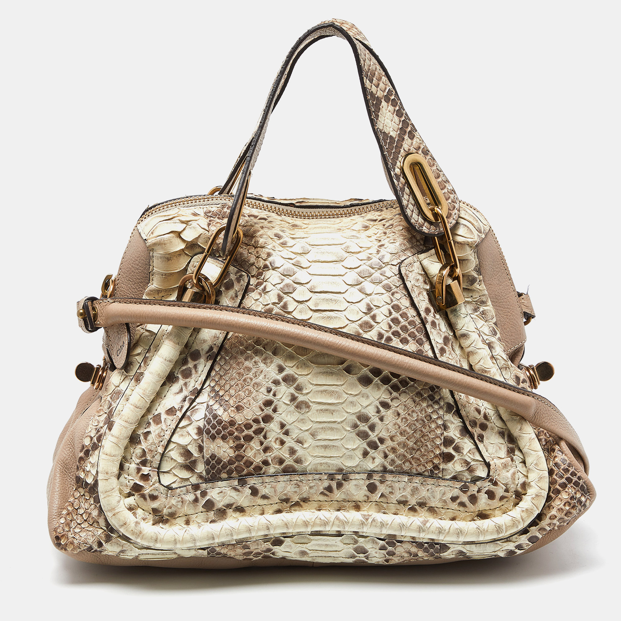 Pre-owned Chloé Beige Python And Leather Medium Paraty Satchel