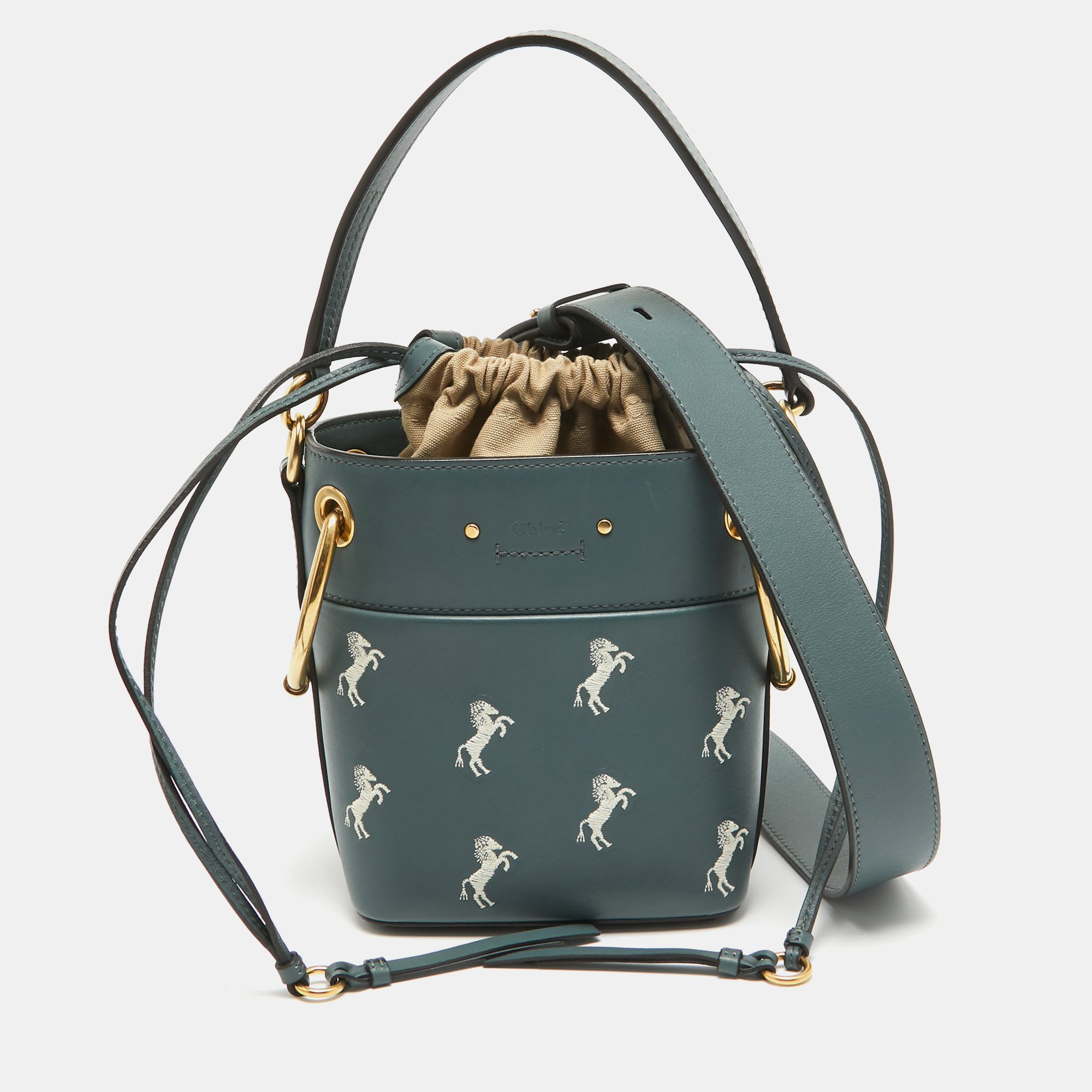 Pre-owned Chloé Blue/beige Leather Mini Roy Horse Embroidered Bucket Bag