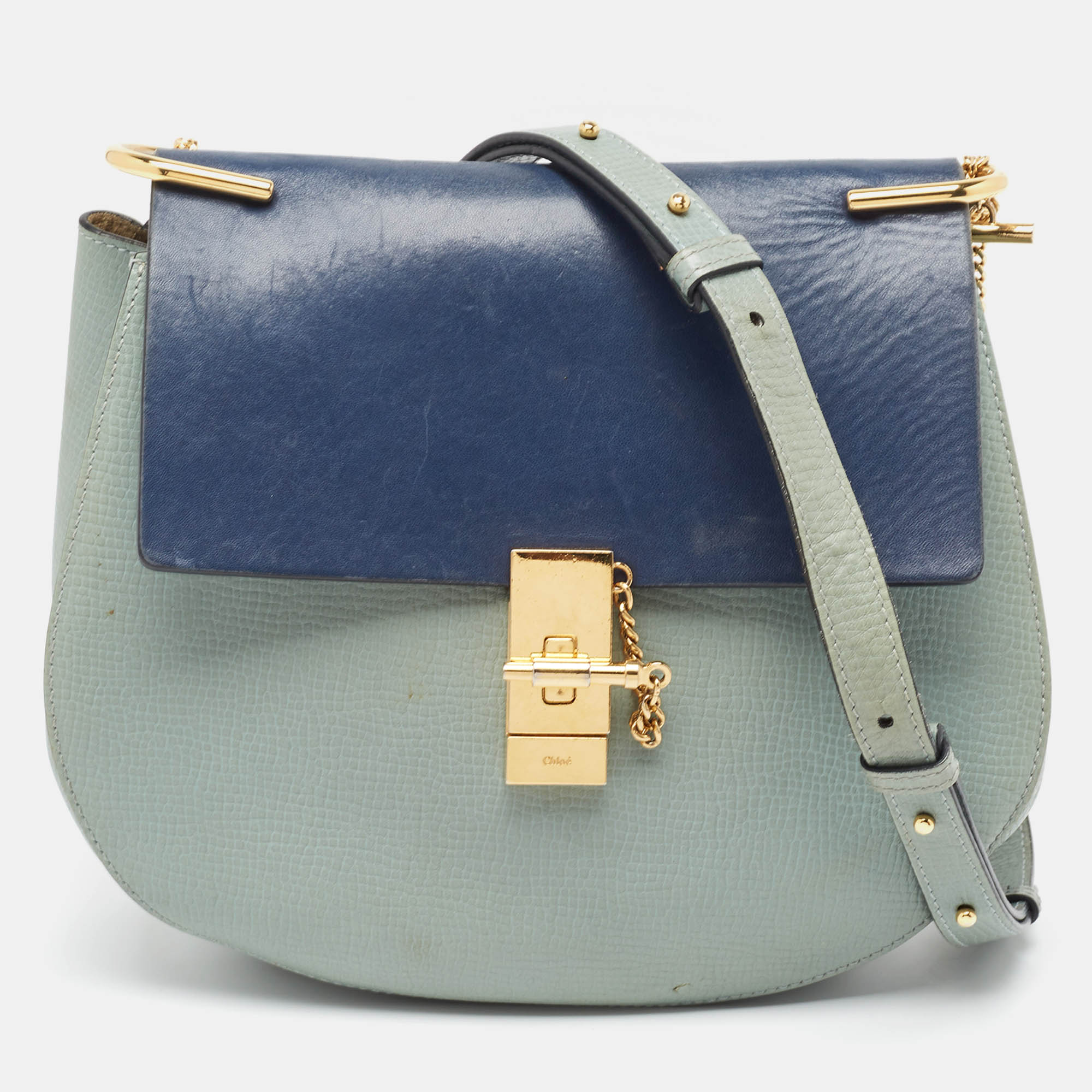 Pre-owned Chloé Two Tone Leather Large Drew Shoulder Bag In Navy Blue