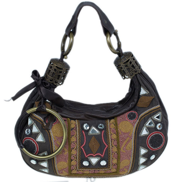 حقيبة ه�وبو كلوي مطرزة بني متعددة الألوان 