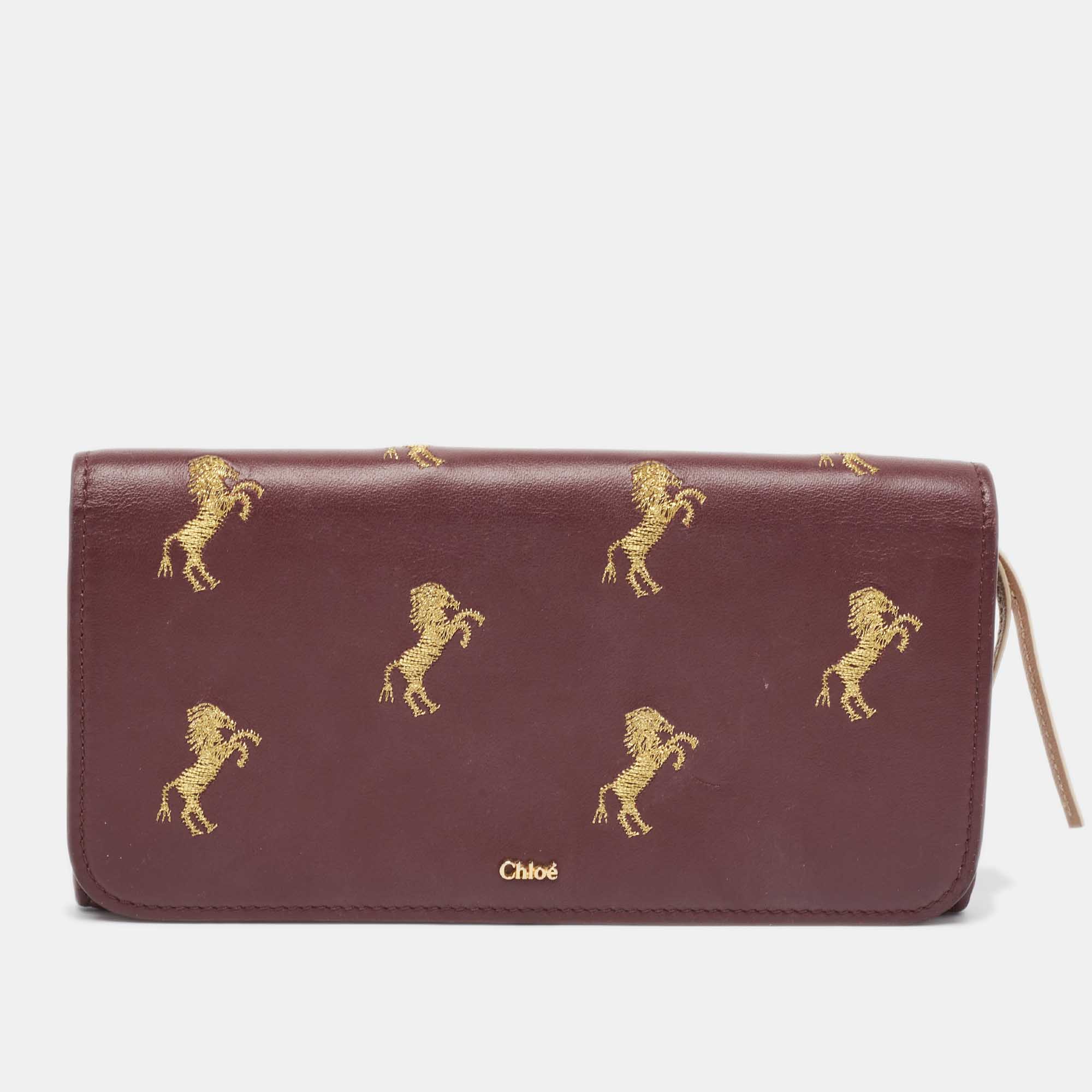 Pre-owned Chloé Burgundy Leather Horse Embroidered Flap Continental Wallet