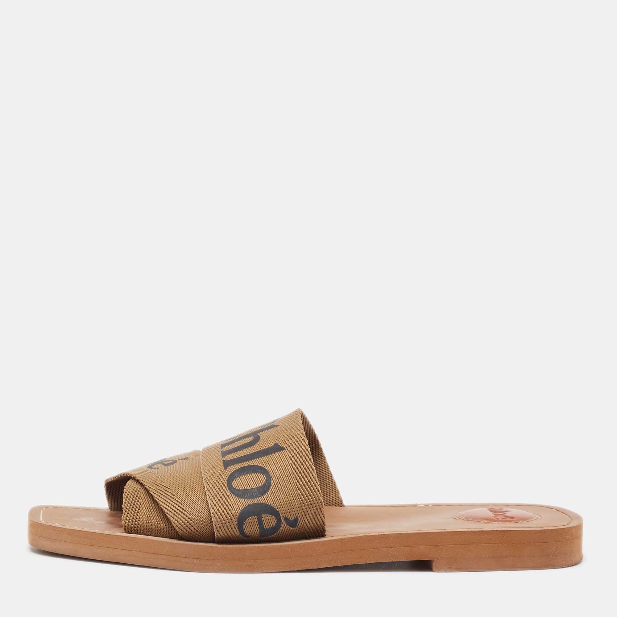 

Chloe Brown Canvas Woody Slide Flats Size