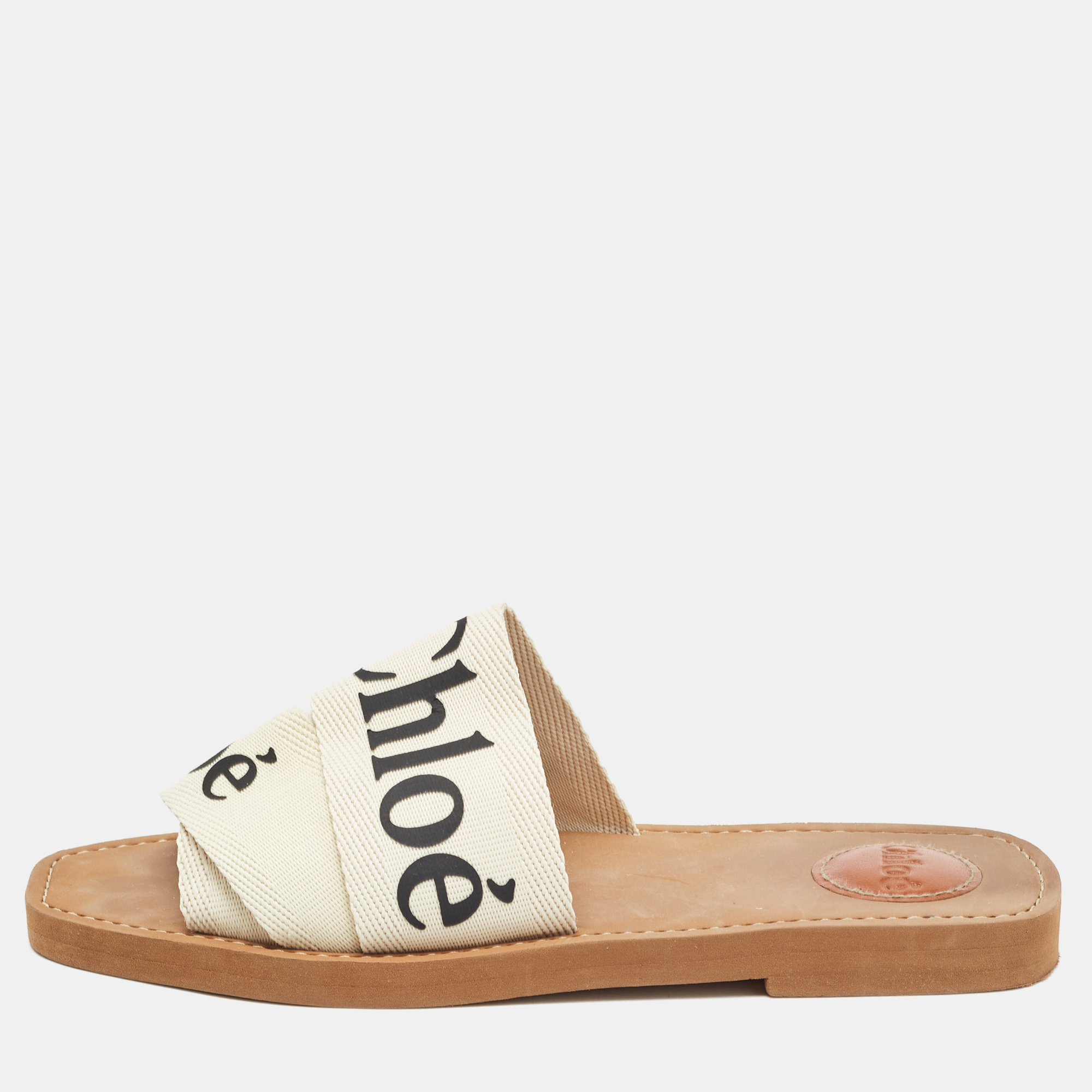 

Chloe Cream Logo Canvas Woody Flat Slides Size