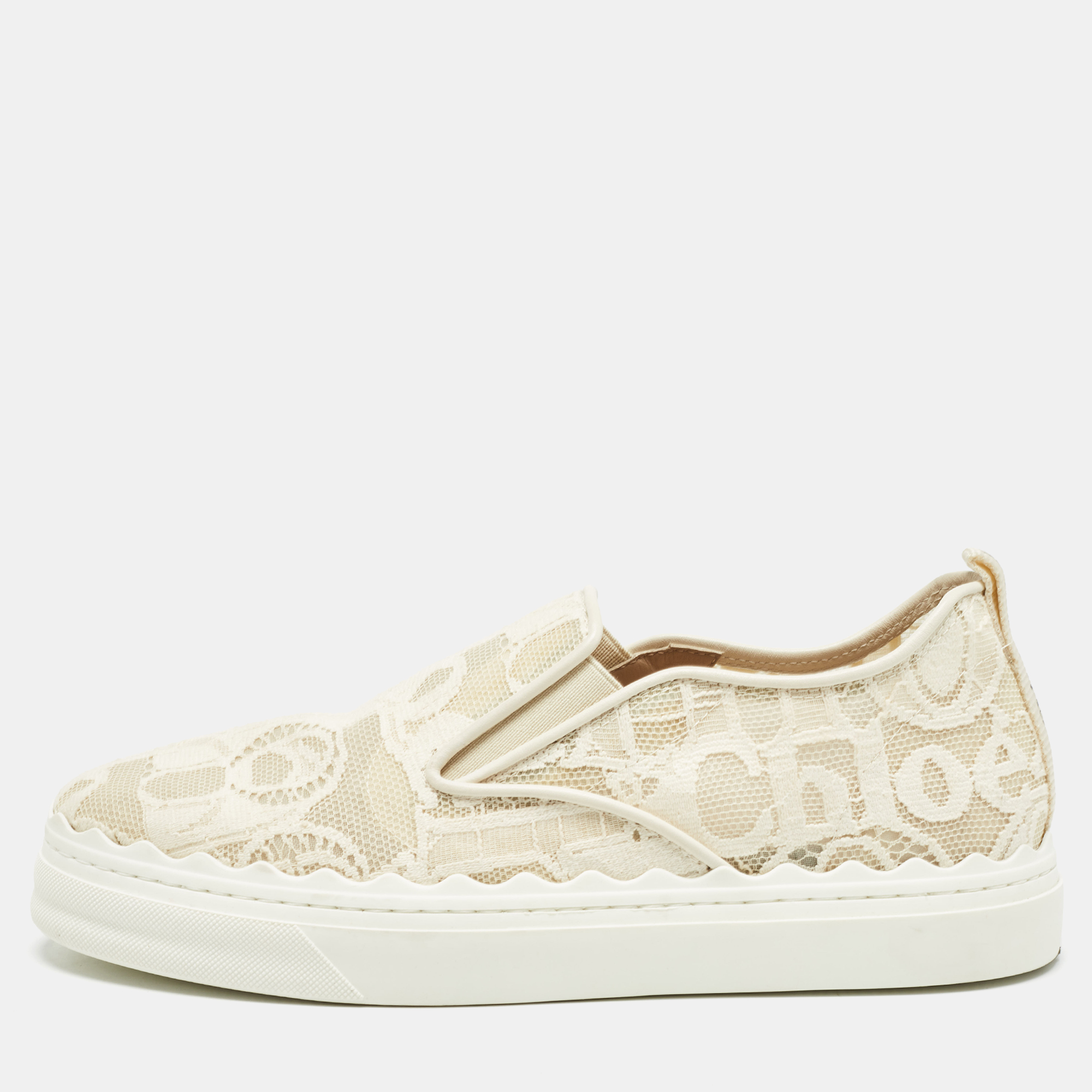 

Chloe White Floral Lace and Mesh Scalloped Accent Slip On Sneakers Size