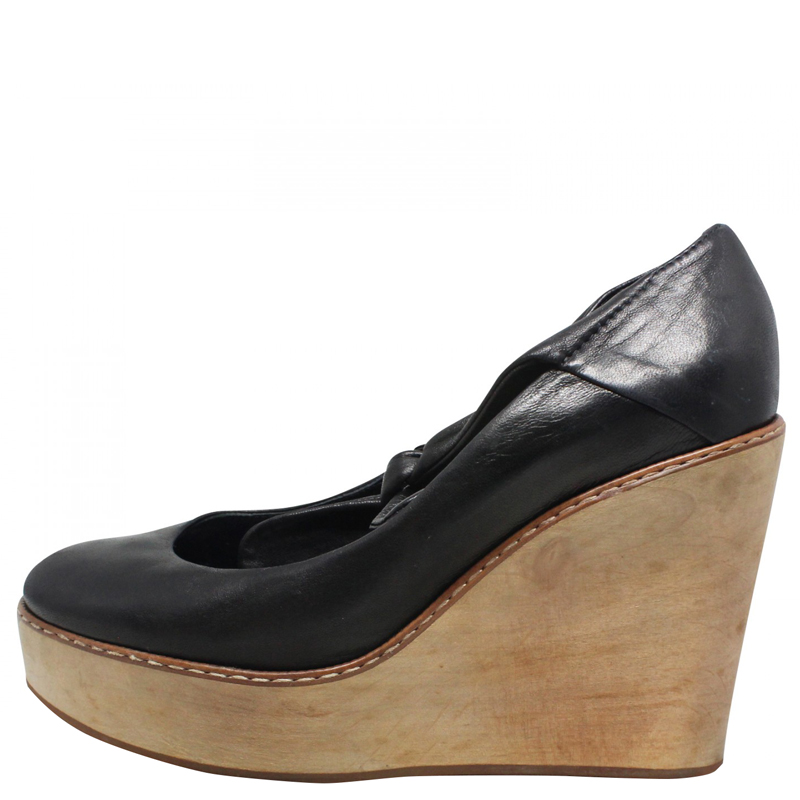 

Chloe Black Leather Bow Tie Platform Wedge Pumps Size