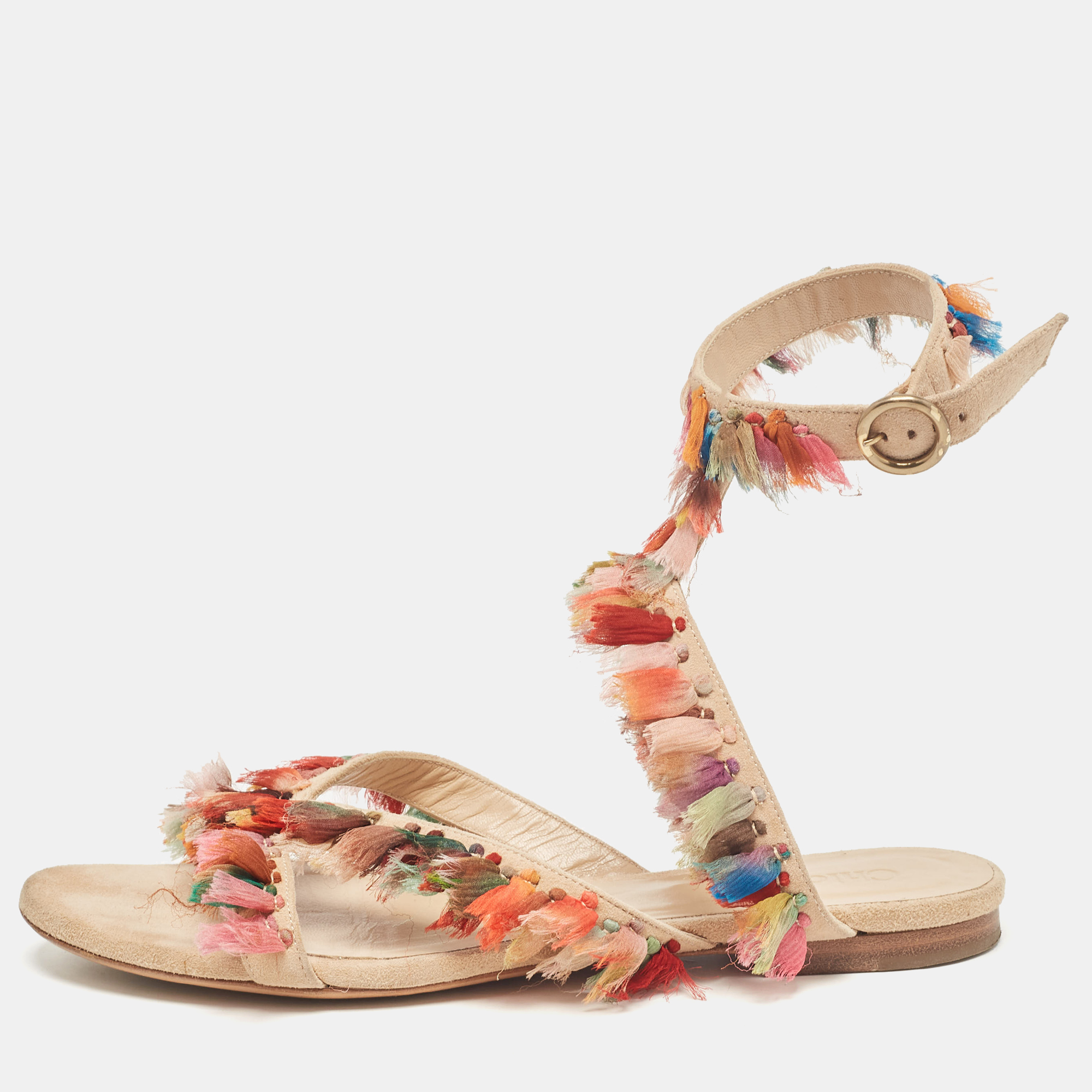 Pre-owned Chloé Multicolor Suede And Silk Tassel Liz Flat Sandals Size 36