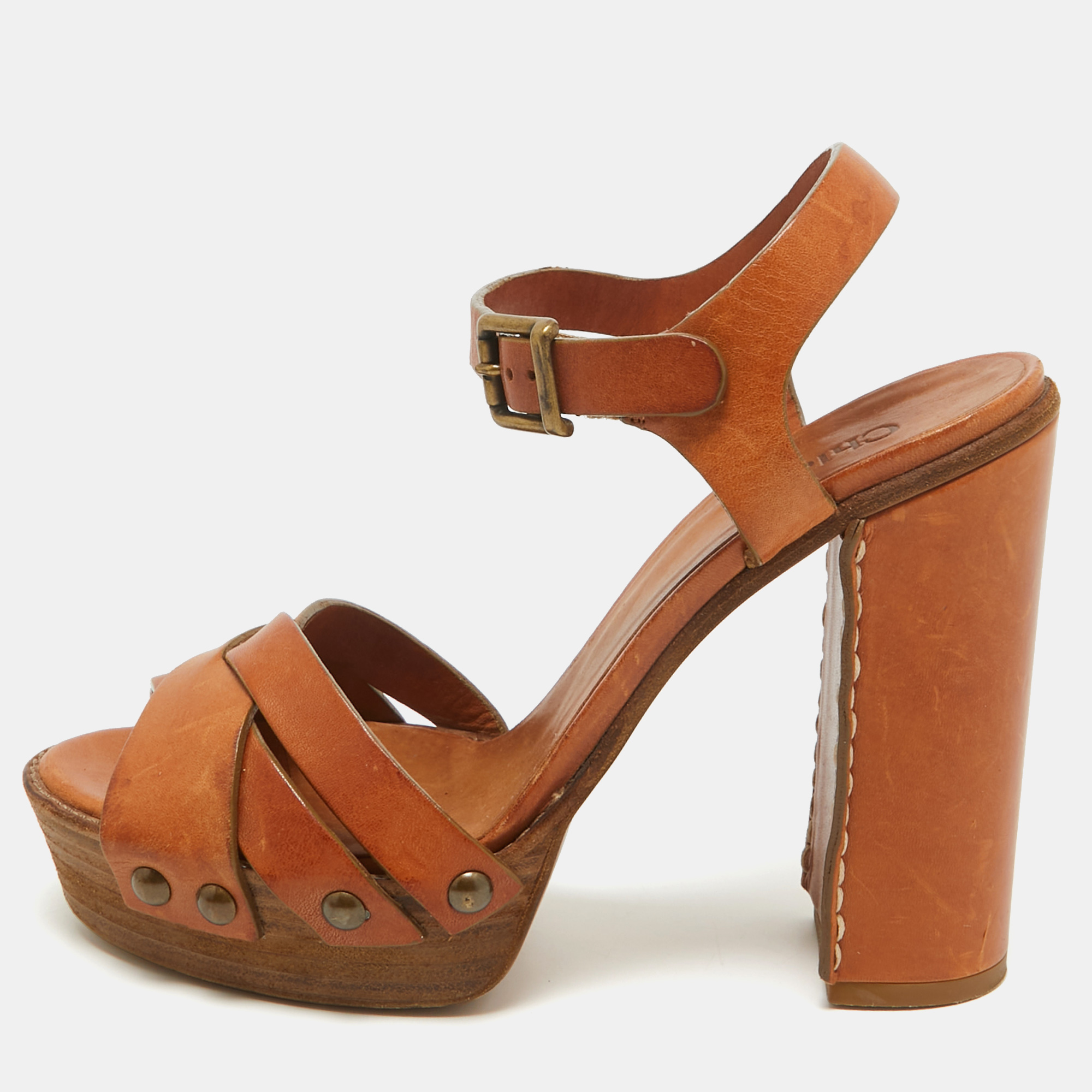 Pre-owned Chloé Tan Leather Platform Ankle Strap Sandals Size 38.5