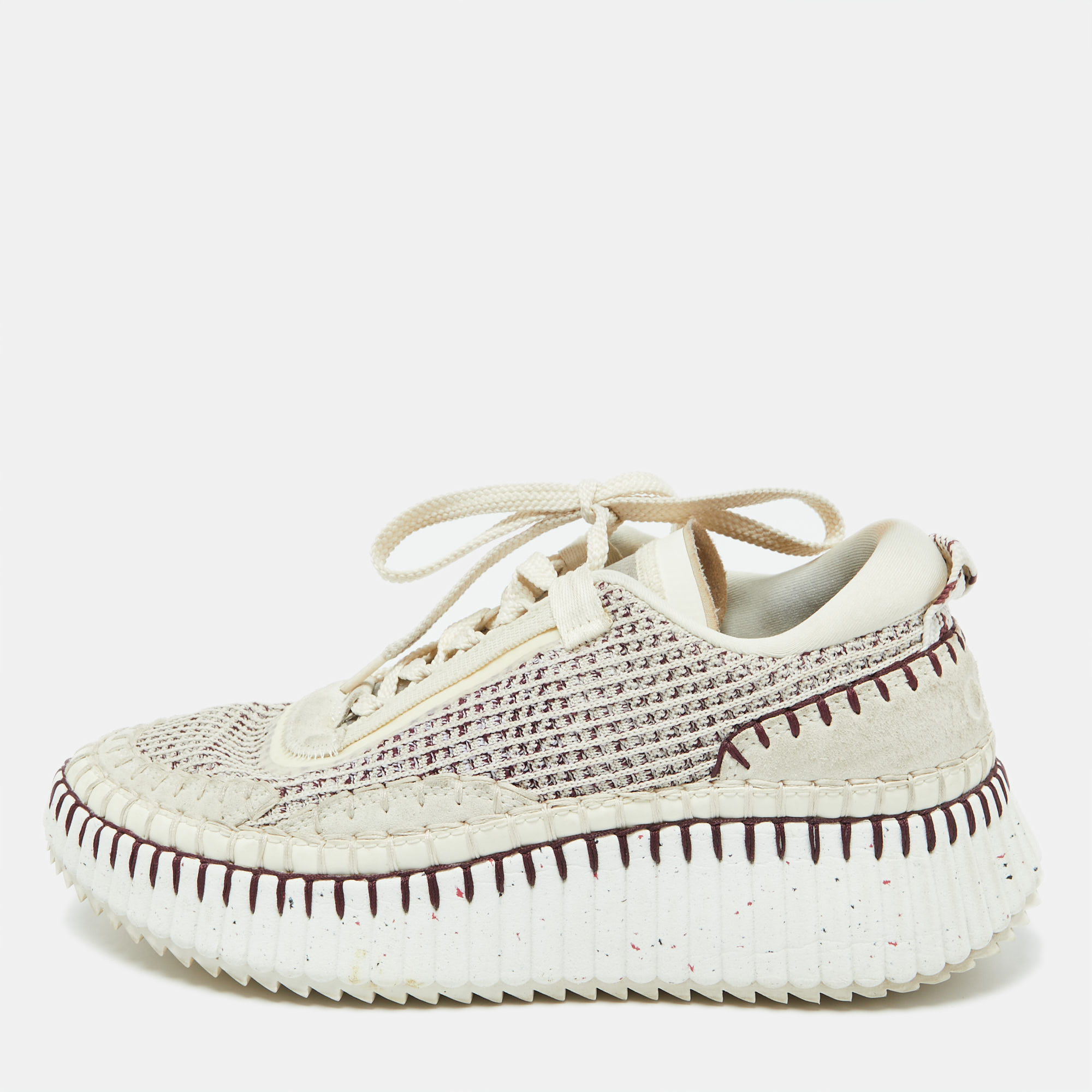 

Chloe Grey/Burgundy Knit Fabric and Suede Nama Low Top Sneakers Size