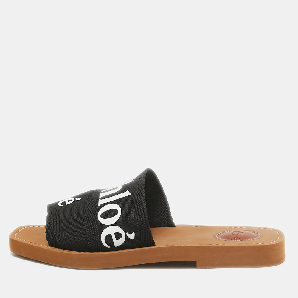 

Chloe Black Canvas Woody Flat Slides Size