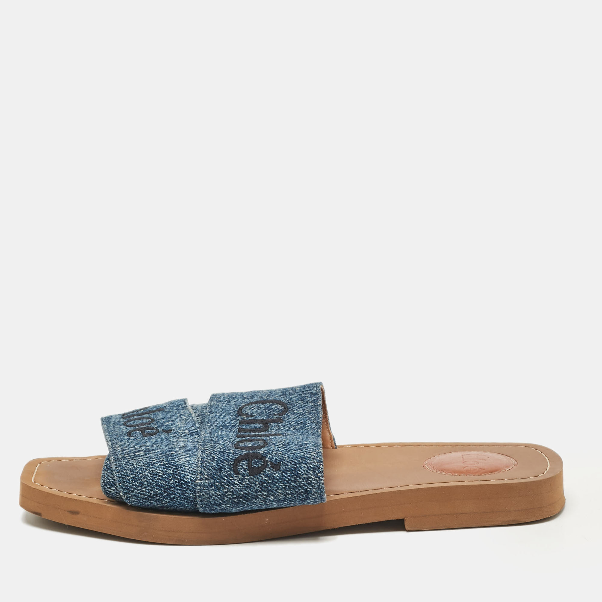 Pre-owned Chloé Blue Denim Woody Flat Sandals Size 36