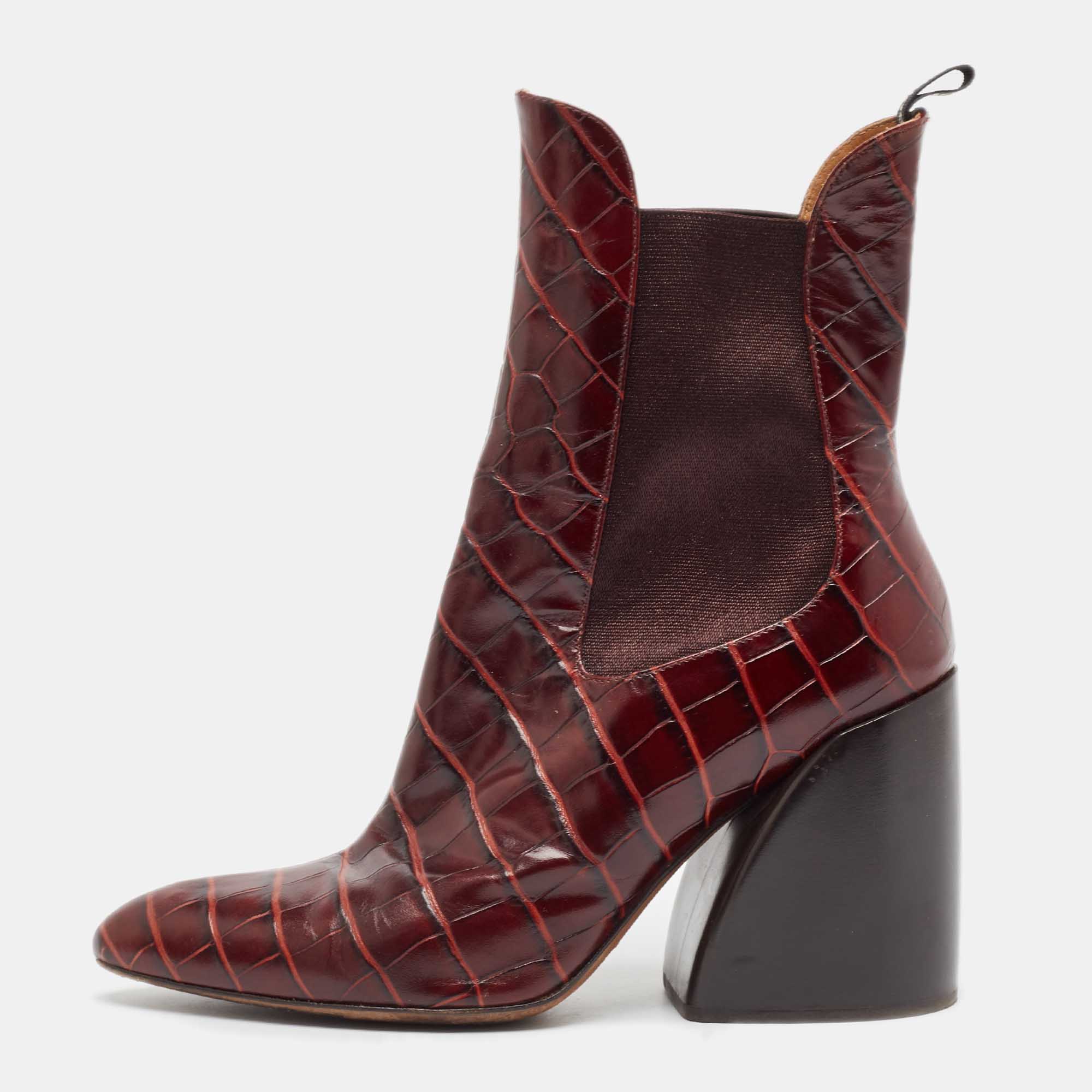 Pre-owned Chloé Burgundy Croc Embossed Leather Ankle Length Boots Size 39