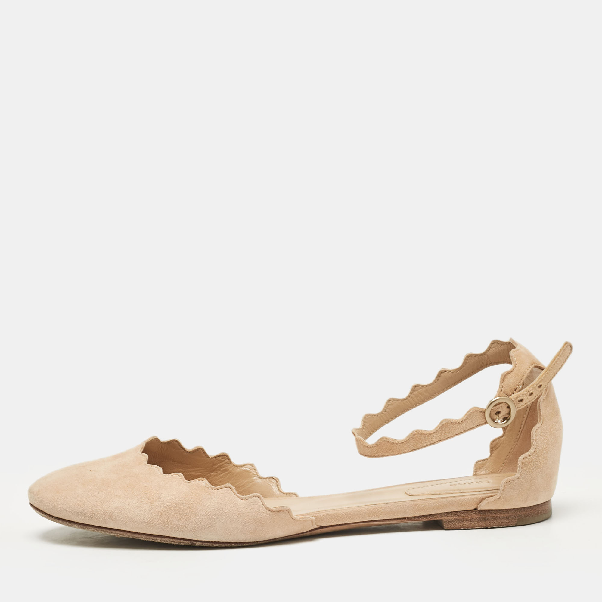 

Chloe Beige Suede Lauren Scalloped Ankle Strap Ballet Flats Size